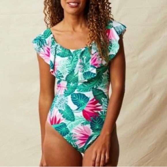 Matilda Jane womens medium Pink Green One Piece Swimsuit Ruffle tropical - Picture 1 of 9